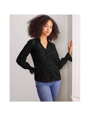 Boden Evangeline Blouse Sheer Flocked Ruffled Black Top Size 4